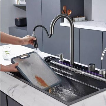 Waterfall Kitchen Sink – Nano Anti-Scratch, Piano Key Faucet Built In